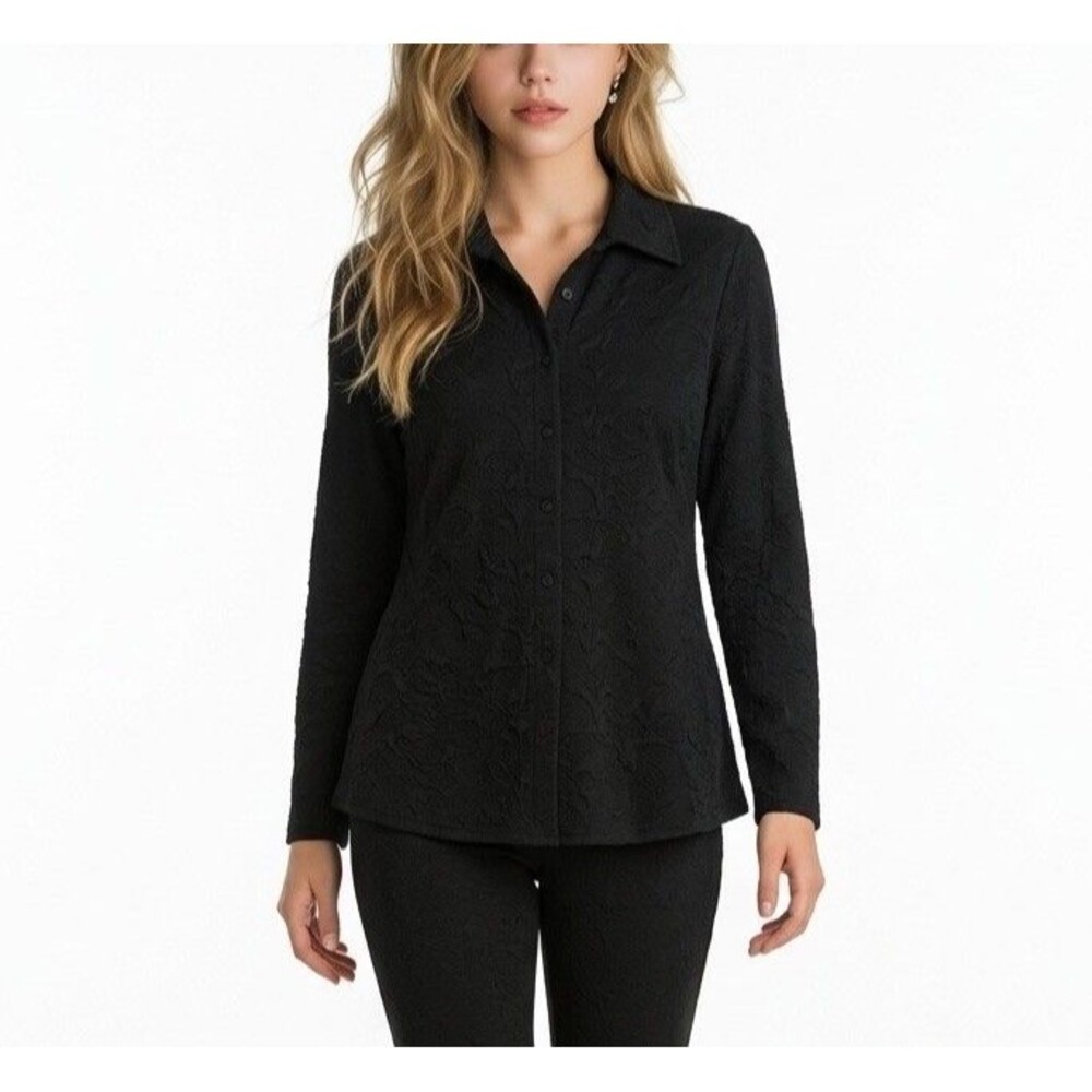 Vintage 90s Pleats Collection Textured Black Women’s Shirt Button Front Size L